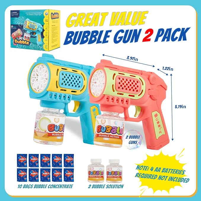 Toys for 3+ Year Old Boys Girls: 2 Pack Bubble Gun Machine with Bubble Solution, Kids Toys for Ages 3-5 4-6 5-7, Outdoor Outside Toy for Kids Ages 4-8, Gifts for 3 4 5 6 7 8 Year Old Boys Birthday