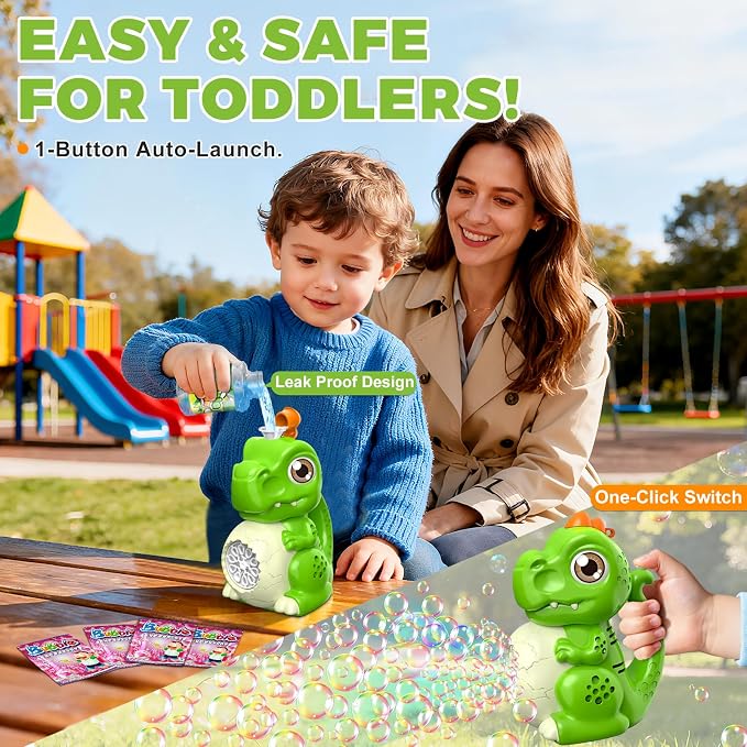Toddler Toys Dinosaur Bubble Machine: Automatic Blower with Lights, Large 150ML Tank & Powerful Motor - Produces 15,000+ Colorful Bubbles/Min for Magical Party, Birthday