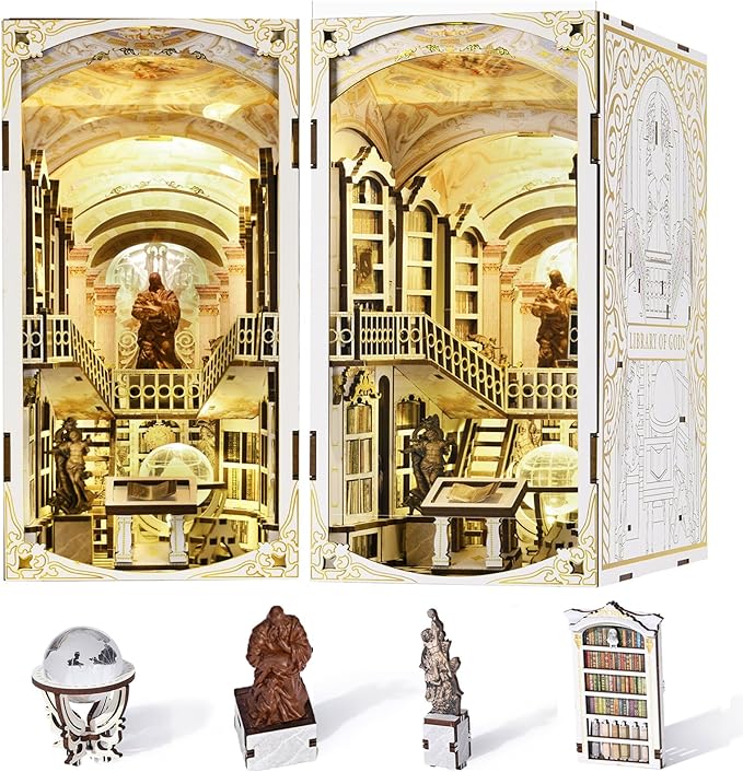 MiniCity Book Nook Kit, DIY Miniature Dollhouse Booknook Kit, 3D Wooden Puzzle Bookend Bookshelf Insert Decor with LED Light for Teens and Adults (Library of Gods)