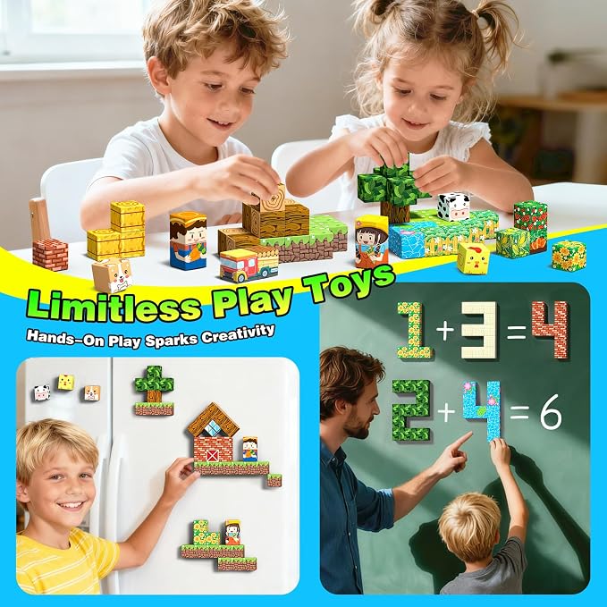 Mini Magnetic Blocks, Magnet Building Cubes, Farm Animal Travel Outdoors Toys with Portable Iron Box, STEM Montessori Sensory Educational Toys for Toddlers, Gift for Kids Ages 3-8 Boys & Girls