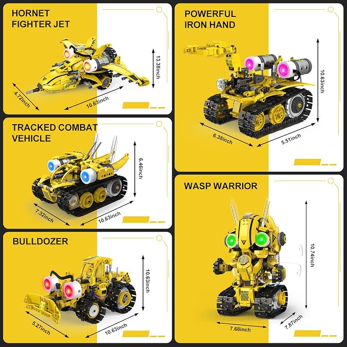 5-in-1 STEM RC Robot Building Blocks Kit, Educational Toys Age 6-12 | Remote & app controlled rechargeable motorized, 673pcs, LED light & sound, programming coding - birthday gift 7-10 yr