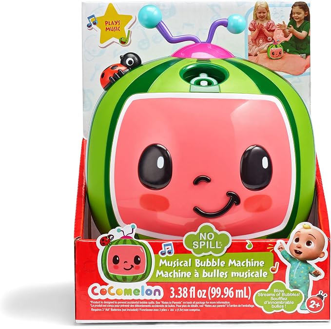 CoComelon NO Spill Musical Bubble Machine | Bubble Toy for Baby, Toddlers and Kids | Amazon Toys Exclusive with 20oz of Extra Bubble Solution (Bubble Solution Bottle Colors Will Vary)