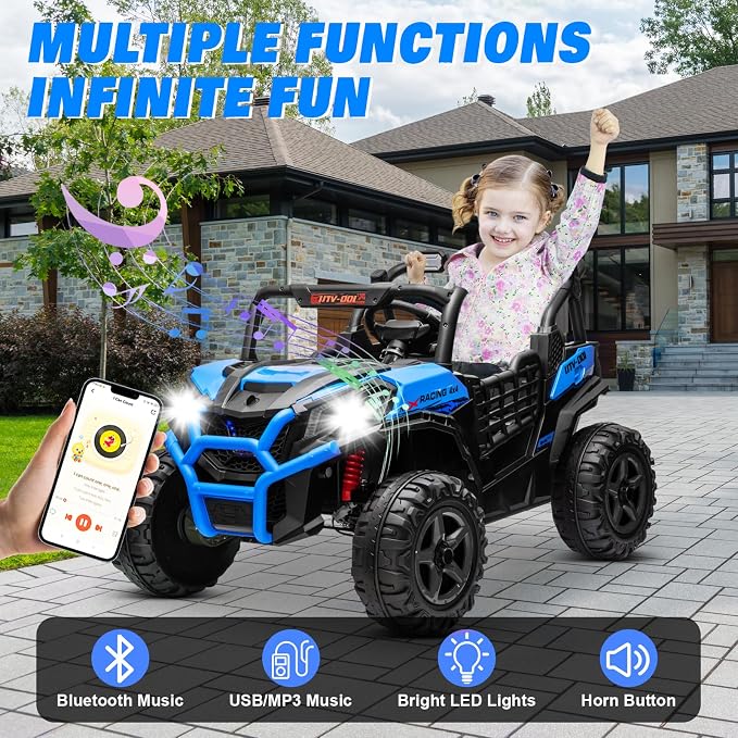 24V 2-Seater Ride On Car Truck w/4x200W, 20" Spacious Seat, 4WD/2WD Switchable, 5 Mph Max Speed, Rainbow Lights, Remote Control, Soft Start, Storage, Electric Car for Kids Ages 3-8, Blue