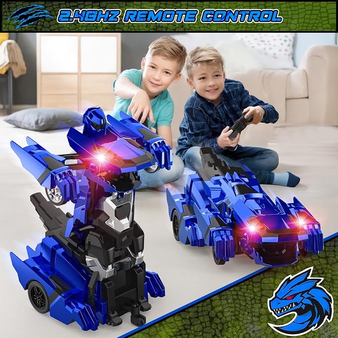 Kroyedfuw Dinosaur Transform Rc Cars, 2.4Ghz Remote Control Car Transforming Robot with Flashing Light, 360° Rotation One Button Deformation Car Toy Gifts for Boys Age 4-7 8-12