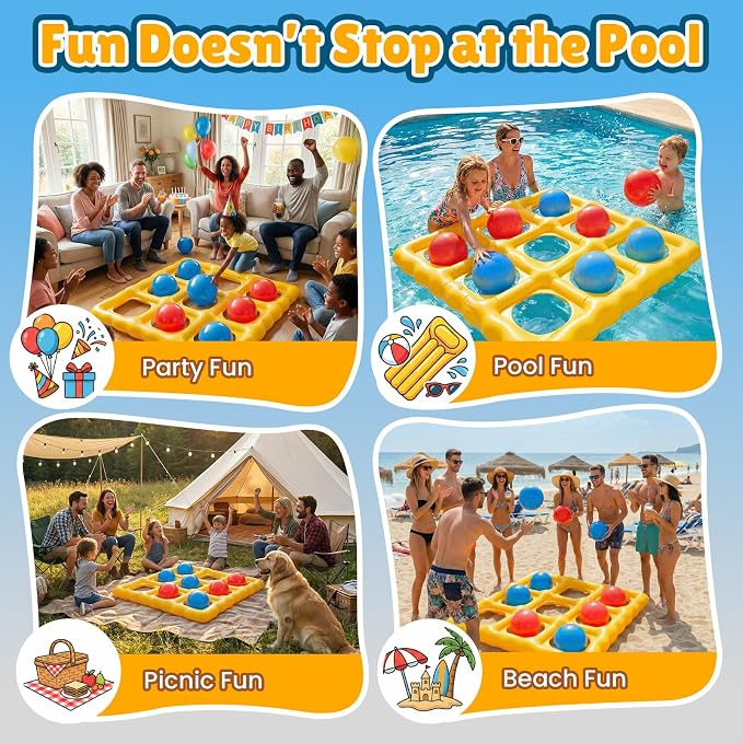 Pool Toys Inflatable Tic-Tac-Toe Game Giant Outdoor Floating Game with 10 Balls Swimming Pool Games for Kids Adults Family 2-10 Players Yard Pool Beach Lawn Camping