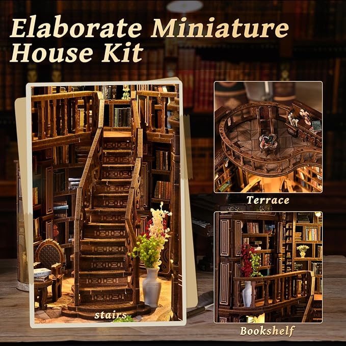 DIY Book Nook Kit for Adults, Miniature House Kit Wooden Dollhouse Bookshelf Decor with LED Light, 3D Puzzle Model Building Crafts for Adults, Creative Gift Idea for Women & Men