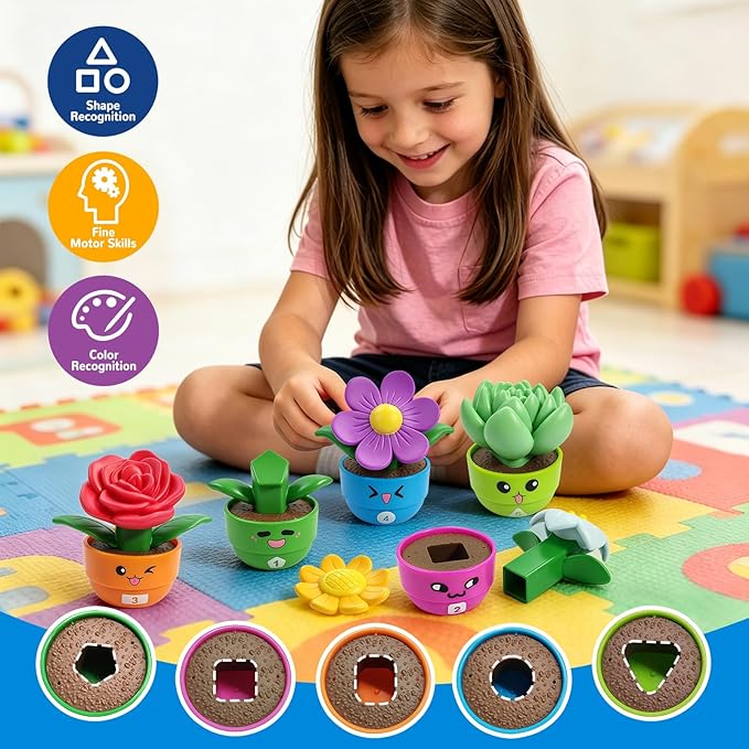 5 Sets Flower Garden Toddler Toys, Kids Gardening Building Toy, Color Shape Sorting & Matching Game, Montessori Stacking Sensory Learning Toys, 2 Year Old Girl Birthday Gift