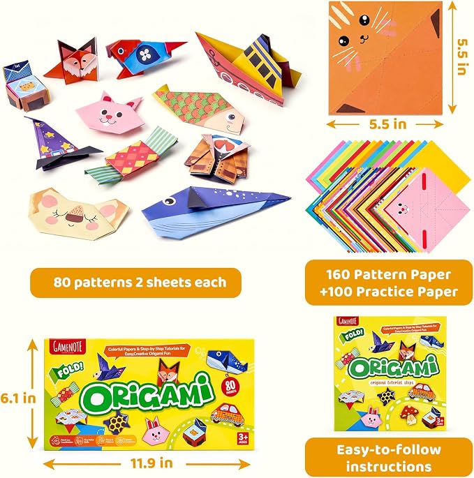 Gamenote Colorful Origami Kit for Kids 80 Projects 160 Double Sided Origami Paper, 100 Sheets Practice Papers Instructional Origami Book Origami Gift for 4+ Kids Adult Beginners Training Craft, Animal