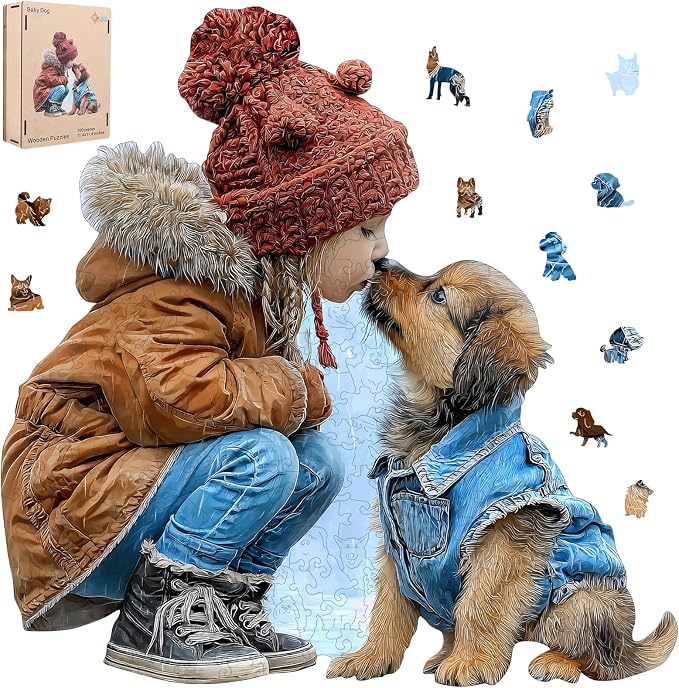 MEATRN Wooden Puzzles for Adults - Little Girl Kissing Puppy, 216 Pcs, 11.4x11.4 in, Cute Animal Wood Jigsaw Puzzle, Heartwarming Parent-Child Game, Birthday Gift for Kids Home Décor