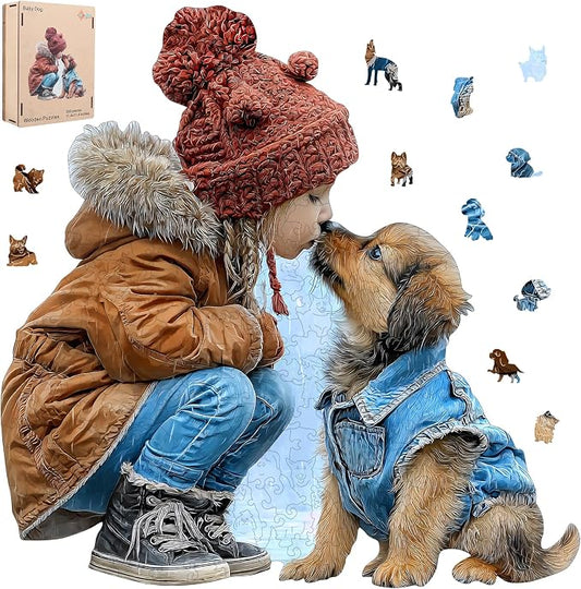 MEATRN Wooden Puzzles for Adults - Little Girl Kissing Puppy, 216 Pcs, 11.4x11.4 in, Cute Animal Wood Jigsaw Puzzle, Heartwarming Parent-Child Game, Birthday Gift for Kids Home Décor