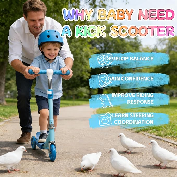 Scooters for Kids 3-5 Years Age 3-Wheel Light Up Scooter with Flexible Steer & 3-Adjustable Height for Boys Girls Outdoor Indoor Recreational Transport Blue Pink Orange