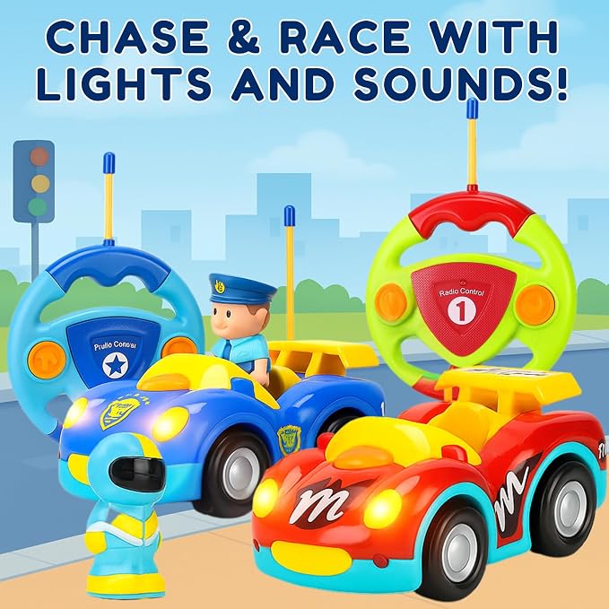 Liberty Imports My First Cartoon RC Remote Control Cars for Toddlers Ages 1-3, Radio Control Toy for Baby, Kids 18 Months+ (Race Car + Police Car)