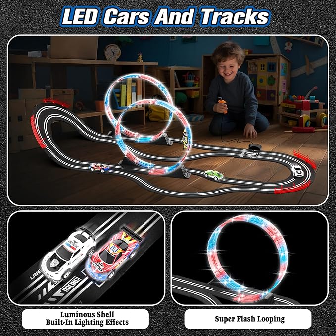 2-in-1 Slot Car Race Track Sets with 4 High-Speed Cars, Electric Track, Dual Racing Game with 2 Controllers, Circular Overpass Design Featuring Flash Tracks. Toy Gift for Boys Kids Ages 4-6 6-8 8-12