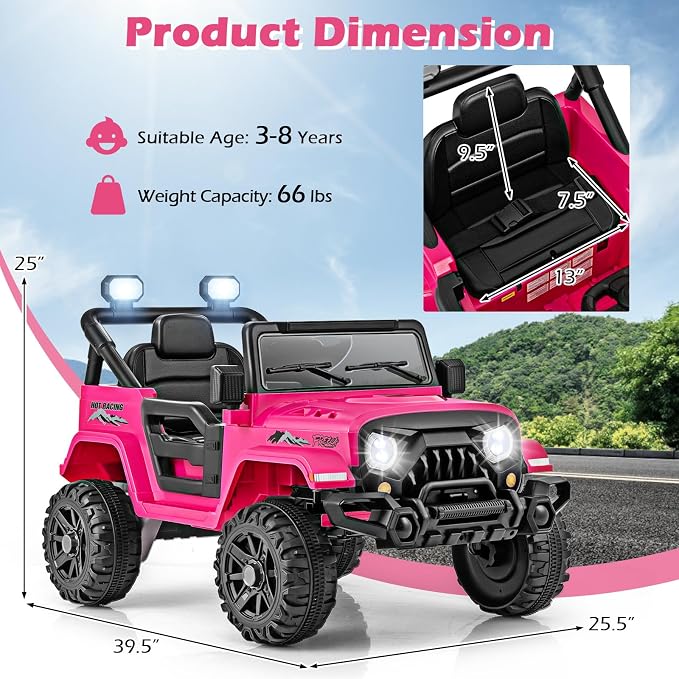 OLAKIDS Ride on Truck, 12V Battery Powered Electric Vehicle for Kids with Remote Control, Bluetooth, Power Display, LED Lights, Music Player, Ride on Toy for 3+ Boys Girls (Pink)