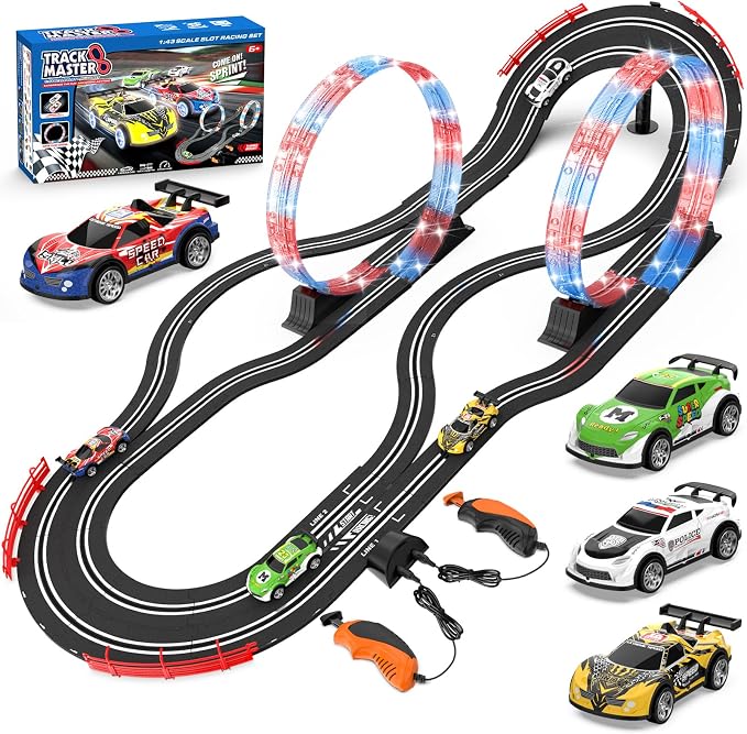 2-in-1 Slot Car Race Track Sets with 4 High-Speed Cars, Electric Track, Dual Racing Game with 2 Controllers, Circular Overpass Design Featuring Flash Tracks. Toy Gift for Boys Kids Ages 4-6 6-8 8-12
