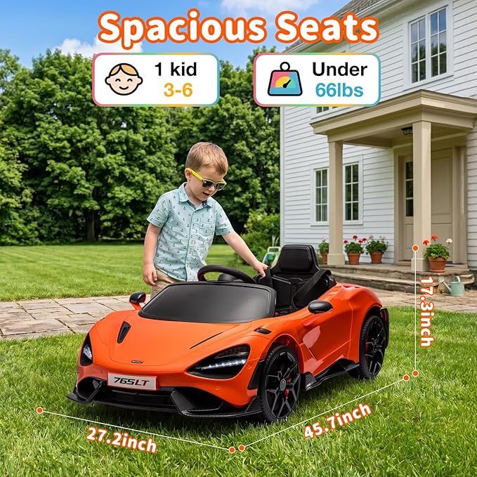 Kids Ride-on Car Licensed McLaren765LT for 3-6Years Old, Electric car 12V Battery Powered Electric Vehicle, w/Parent Remote, Music Player, LED Lights, Smooth Start, 3 Speeds, (Orange)
