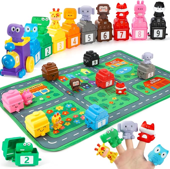 URMYWO Learning Toys for 1 2 3 Years Old Boy Girl, Toddler Montessori Toys, Train Set with 10 Finger Puppets & Play Mat, Counting Matching & Sorting, Toddler Birthday Gift