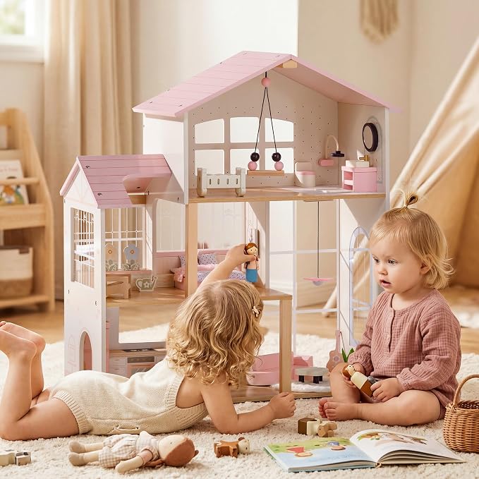 ROBOTIME Wooden Doll House, Dollhouse with 6 Open Rooms, 37 Pcs DIY Modular Doll House Furniture Accessories, Pretend Dollhouse Creative Gift for Girl Ages 3+ (Pink)