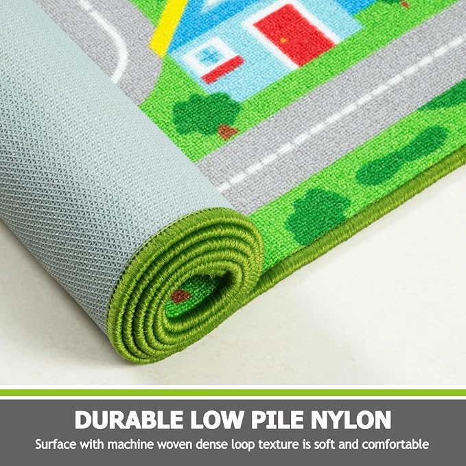 Capslpad Green Car Road Kid Rug Carpet Playmat for Playoom Traffic Road Kids Play Mat for Toddler Non Slip Washable City Map Race Track Carpet Rug for Kids Room Playroom Classroom Decor,6.6'x9.8'