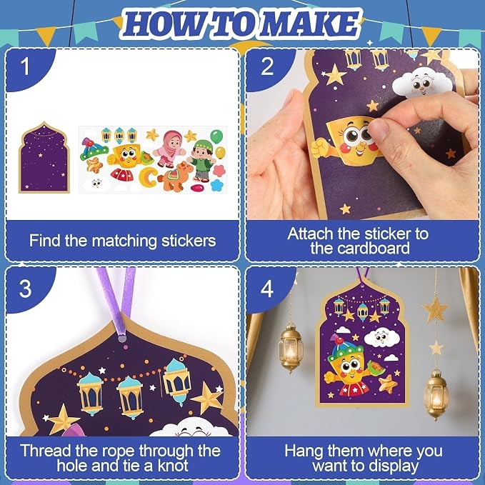 PAIVSUN 24Pcs Ramadan Crafts for Kids, Make You Own Eid Mubarak and Ramadan Kareem Craft Kit, DIY Mosque Scene Religious Sticker Activities Hanging Ornaments for Classroom Party Favor Supplies
