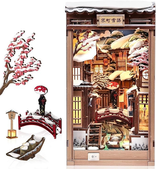 CUTEBEE Book Nook Kit - DIY Miniature House Dollhouse for Adults, Japanese Kyoto Winter Street Scene, Bookshelf Decor 3D Wooden Puzzle Model Kit, Diorama Bookish Gifts (Kyoto Snow Scene)