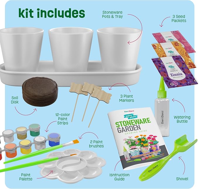 Dan&Darci Paint & Plant Flower Garden Kit for Kids — Stoneware Pots, Seeds & Paint Set — STEM Arts & Crafts Gift for Boys and Girls Ages 6–12