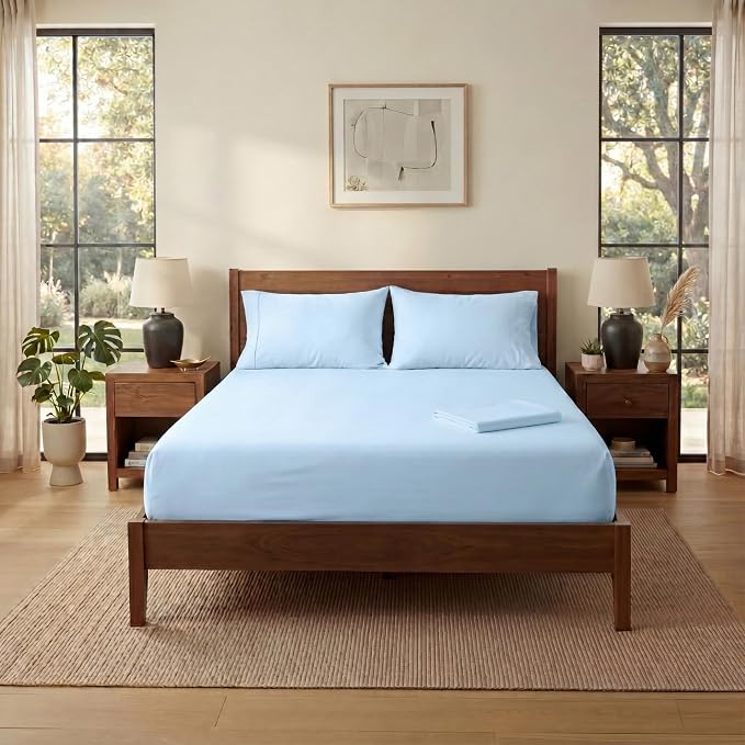 Twin XL Size Sheets Set, 4-Piece Premium Egyptian Long-Staple 100% Cotton Bedding Set, Single-Ply Luxury Sateen Weave Hotel Quality Sheets, Soft & Breathable, 15” Deep Pockets, Light Blue