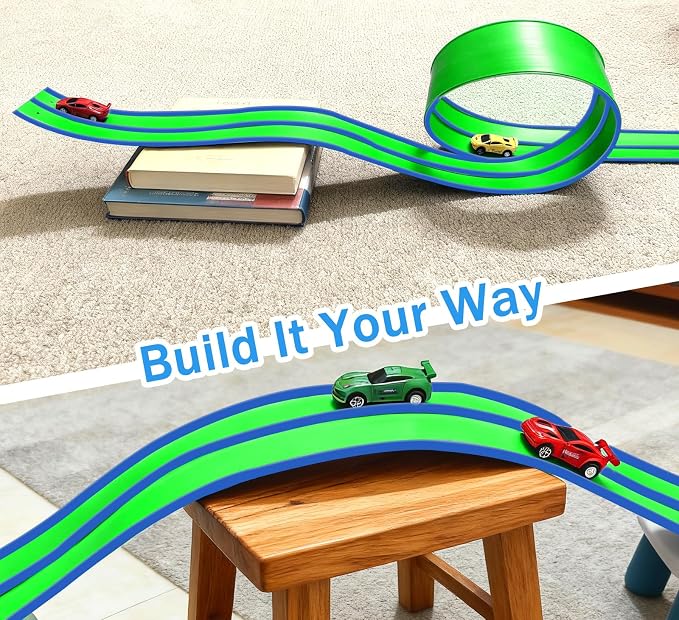 15 Ft Flexible Race Car Track (Aqua Green) for Kids,Flex Track Starter Set Compatible with Hot Wheels and Diecast 1/64th Cars,Portable Racetrack Roll Up Race Track with 4 Racecars and Suction Cups