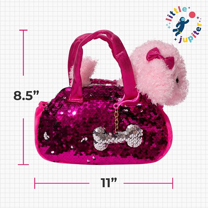 Little Jupiter Pet Plush Set with Purse w/Reversible Sequins & Charm - Stuffed Animal Toy for Kids Ages 4-5 - 6-7 - Stuffed Animal Purse - Stuffed Animals for Girls - (Pink Labradoodle)