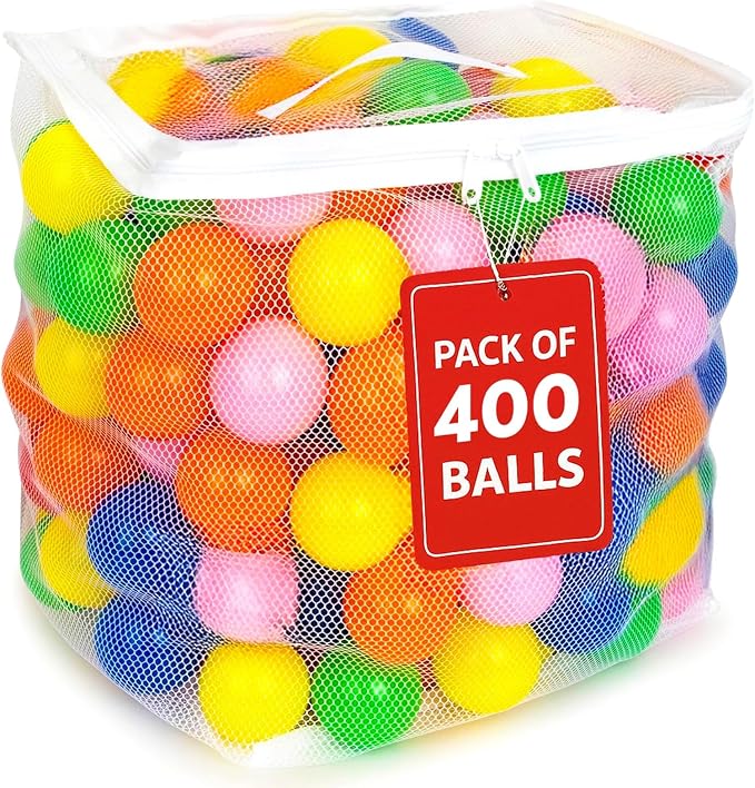 MW SPORTS Ball Pit Balls for Kids and Toddlers, Plastic Crush Proof, Phthalate & BPA Free, in Reusable Mesh Storage Bag, Assorted Colors (400 Balls)