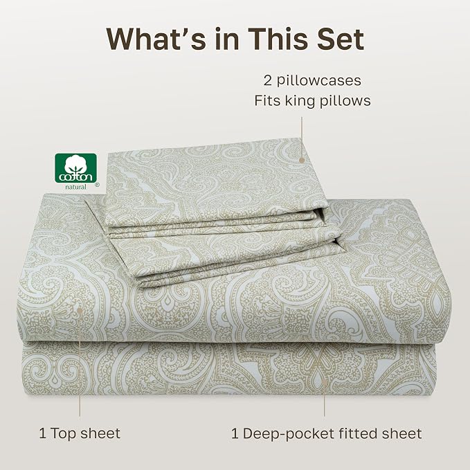 California Design Den Soft 100% Cotton Sheets King Size Set, 400 TC Good Housekeeping Award Winner, Smooth Sateen Finish with Deep Pockets, Cozy and Durable Cotton Bedding Set - Paisley Beige