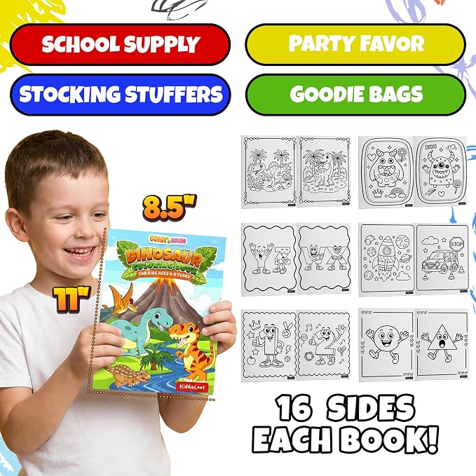 KiddieLoot Coloring Books for Kids Ages 4-8 - (Pack of 6) 8.5x11 Size Book w/Dinosaurs, Monsters, Vehicles, Alphabet, Numbers & Shapes - Kids Coloring Books Variety Set for Boys & Girls Color Gift
