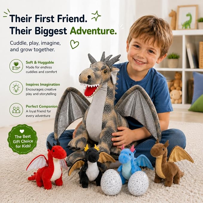 7Pcs Gray Dragon Plush Toy Set, Mother Flying Dinosaur Stuffed Animal with 4 Baby Dragon & 2 Eggs Inside, Dinosaur Stuffed Toy for Kids, Christmas Birthday Children's Day Gift for Boys Girls