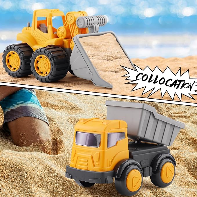 IOKUKI Long Shovel Sand Beach Toys with Big Excavator Toy, Dump Truck Toy, Construction Toys, Sand Castle Toys for Beach, Beach Rakes, Molds, Mesh Beach Bag for Kids, Toddlers, Boys & Girls (31 PCS)