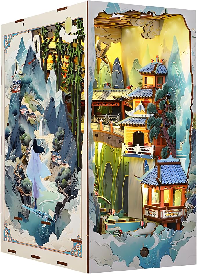 Book Nook Kit for Adults, DIY Dollhouse Booknooks Penglai Wonderland Landscape Decor Chinese Landscapes Bookshelf Insert with Dust Cover LED 3D Wooden Puzzle Assembly Model Creative Gift