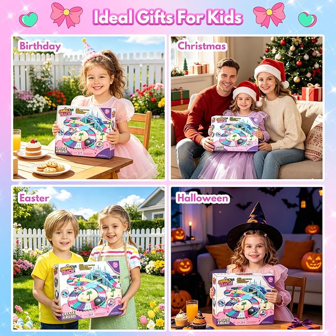 194PCS Unicorn Race Track for Kids Ages 4-8: Flexible Racetrack Toy Car Track Set with Unicorn & Shark Monster Trucks, Great Toys for 3 4 5 Year Old Girls Gifts, Toddler Girls Boys Age 3-6