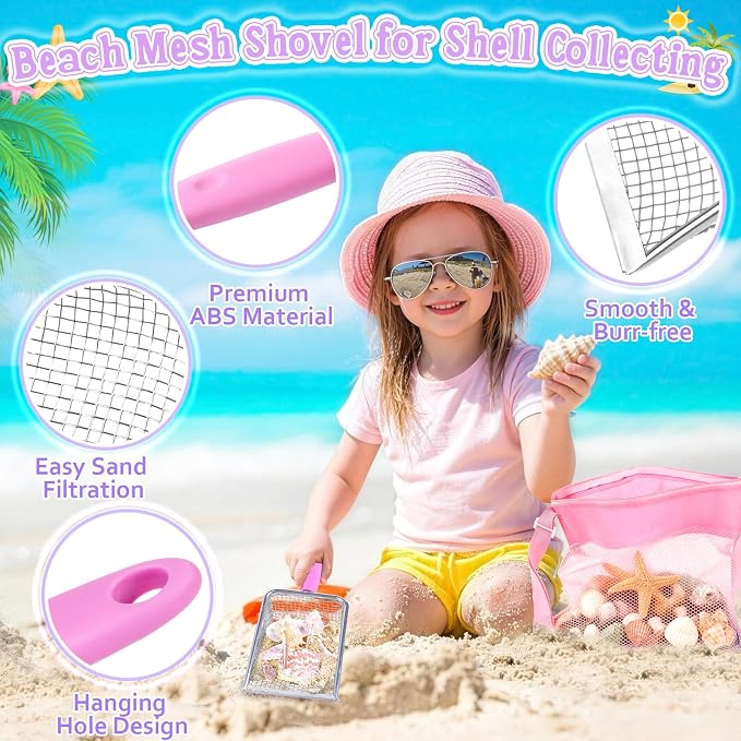 Meaicezli Beach Toys, 2 Packs Sand Toys for Shell Collecting, Collapsible Sand Buckets Shark Tooth Sifter and Mesh Bag, Shell Scooper for Beach Travel Essentials Kids Boys and Girls