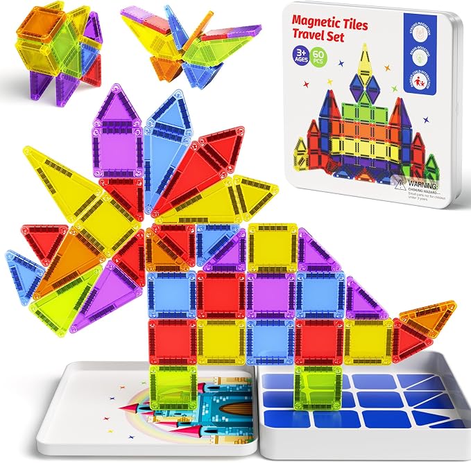 Magnetic Tiles Mini Travel Toddler Set 60pcs Magnetic Blocks Building Kids Toys, Montessori Preschool Classroom Must-Haves Educational Learning Sensory Toys for 3+ Year Old Boys