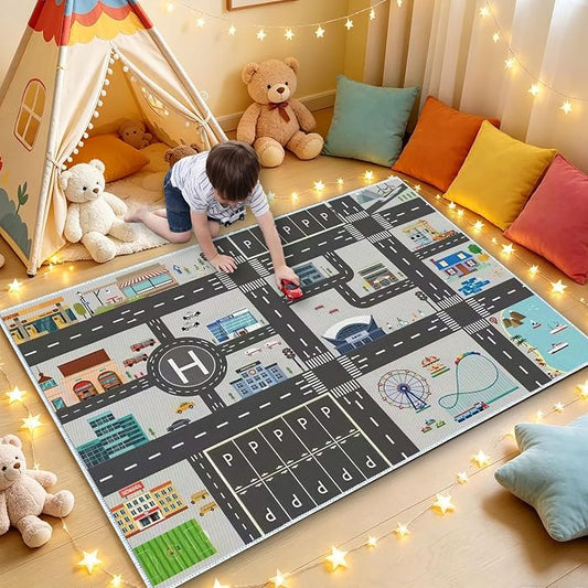 Car Rug Play Mat Road Rug,Kids Carpet Playmat Rugs City Life Great for Playing with Cars and Toys,Children Educational Race Track Rugs with Non-Slip Rubber Backing for Playroom Bedroom Classroom