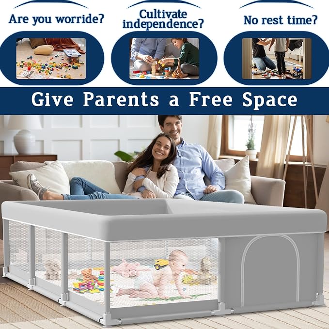 74x50 Inch Baby Playpen with Mat, Playpen with Cute Mat for Babies and Toddlers Play Pen Playards Safety Gate Fence Active Center Indoor