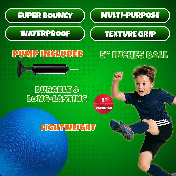 5 Inch Red & Blue Playground Dodgeballs - (2-Pack) - Small Playground Balls for Kids, Teens & Adults - Gym Sports Balls for Dodgeball, Four Square, PE, Recess Games w/Hand Pump