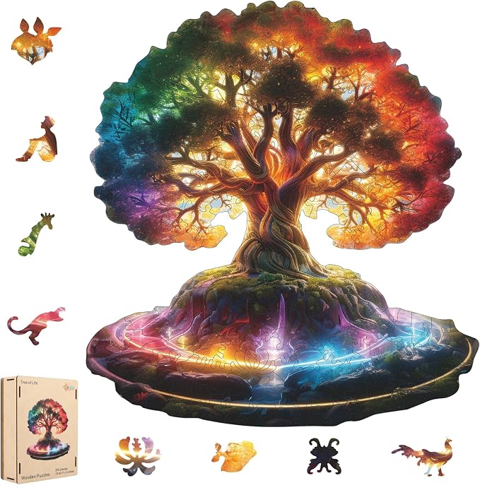 MEATRN Glowing Tree of Life Wooden Puzzles - 200 Pieces Fantasy Forest Nature Landscape, Irregular Shape Wood Jigsaw Puzzle for Adults, Educational Puzzles for Family Game, 10.5x11.4 in
