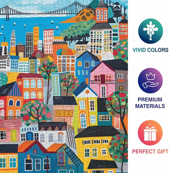 Cross & Glory - Bay Breeze & Bright Lights - 1000 Piece Jigsaw Puzzle for Adults | Vibrant San Francisco Folk Art Puzzle | Unique Puzzle Challenge for Art Lovers