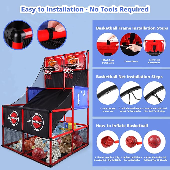M SANMERSEN Kids Double Basketball Hoop Arcade Game Set with 6 Balls Electronic Scoreboard LED Light, Indoor & Outdoor Play, Birthday/Halloween for 3-8 Year Old Boy and Girl