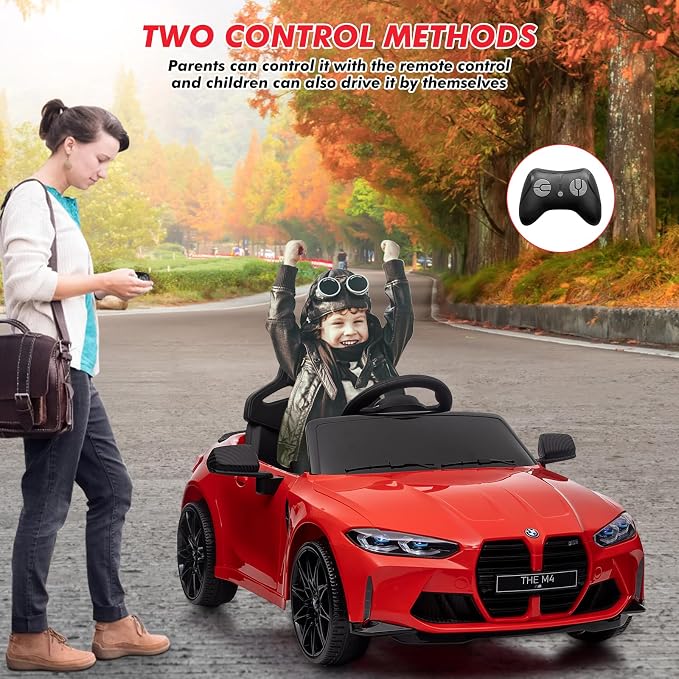 12V Ride On Car for Kids，Licensed BMW M4 Battery Powered Vehicle Car for Boys and Girls, with Remote Control,3 Speed,Led Light,(red)