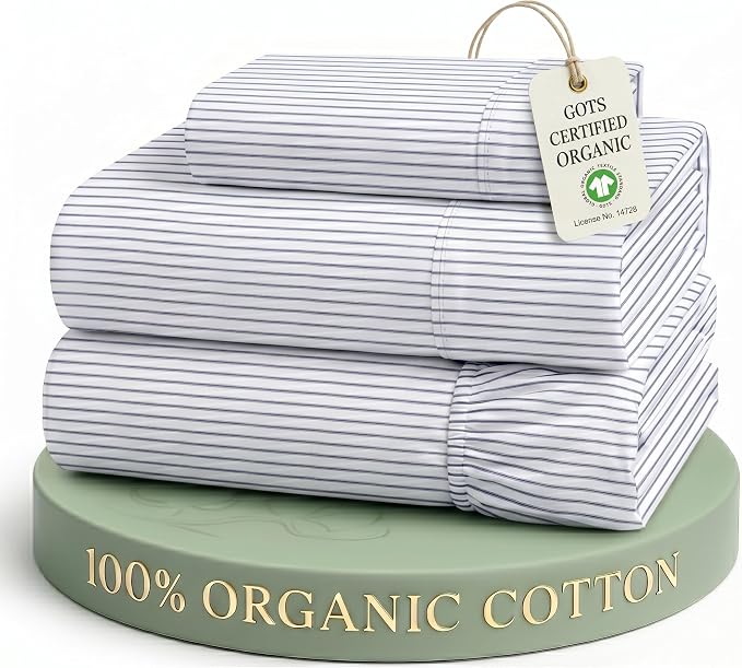 LANE LINEN 100% Organic Cotton Twin XL Sheets Set 3-Piece Pure Percale Bedsheets Bedding Breathable Fits Mattress Upto 15" Deep - Blue Ticking Stripe | 100% Organic Cotton Percale Twin XL Sheet Set - Affordable Organic Luxury, Honest-Price Organic Qual...