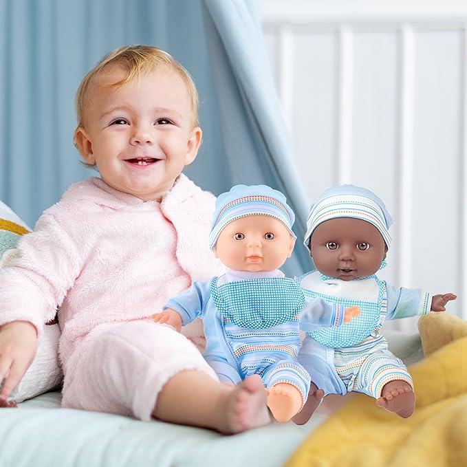 Toy Choi's Twin Baby Dolls 12 inch Soft Body Black and White Doll Set, Babydoll Playset with Rompers, Hat, Pacifier and Doll Bibs, Gifts Toys Toddlers Kids Boys and Girls | Blue Outfit Doll Set