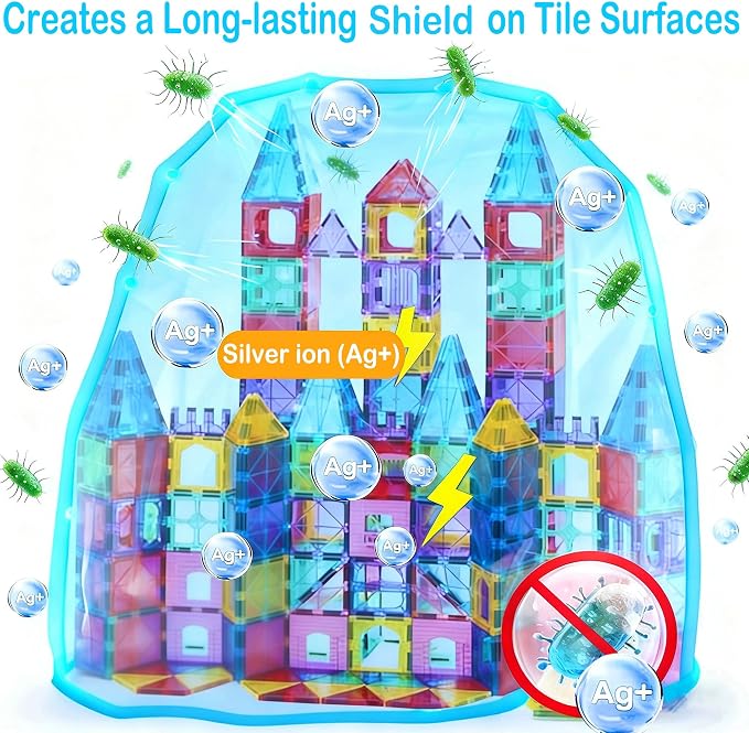 Upgraded Antibacterial Magnetic Tiles - 106 PCS Magnet Building Tiles with 2 Cars for Kids Aged 3+, Inhibits Bacterial Growth for Safer Play, 3D STEM Educational Construction Blocks Toy