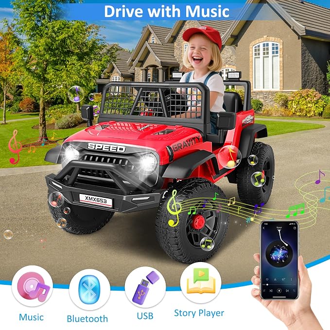Hikole 24V Ride On Toys for Big Kids, 24V Power Wheels Truck with Remote Control, 3 Speed, Bluetooth, Music, Soft Start, Spring Suspension, LED Light, Electric Cars for Kids Boys Girls 3-5, Red