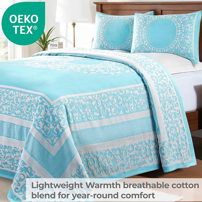 Superior Cotton Blend Bedspread Set, Includes 1 Tailored Bedspread and 2 Matching Pillow Shams, Lightweight Blanket, Bedding Decor, Jacquard Vintage Floral Mandala, Lyron Collection, King, Aqua